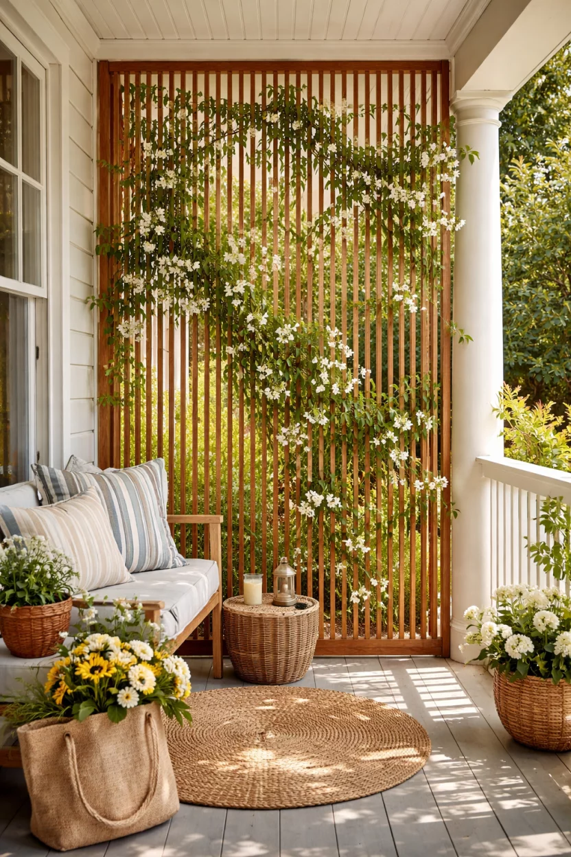 A realistic photo of a summer front porch featuring a vertical privacy screen made of thin warm teak wood slats, with climbing jasmine vines weaving through the openings.