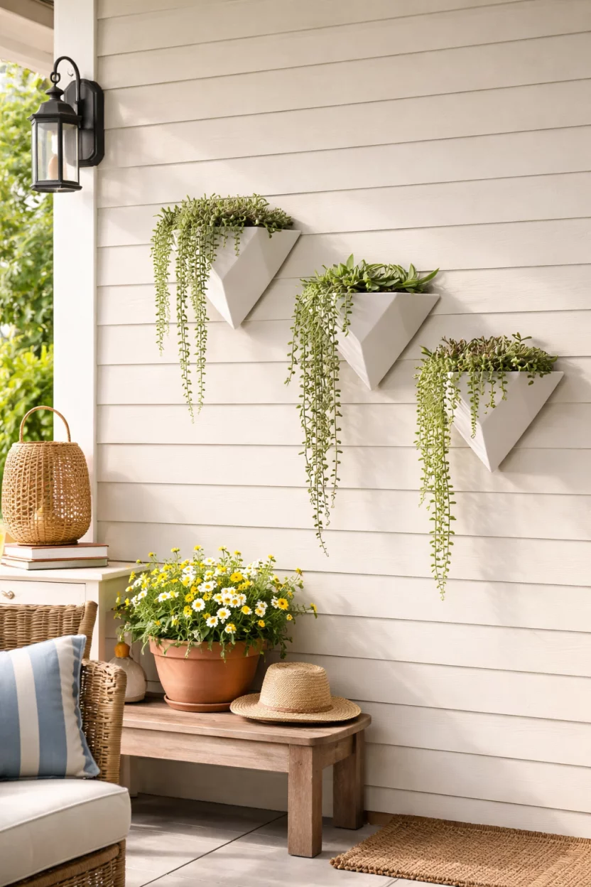 A realistic photo of a summer front porch wall featuring a set of three white geometric ceramic wall planters arranged in a diagonal line, filled with trailing succulents.