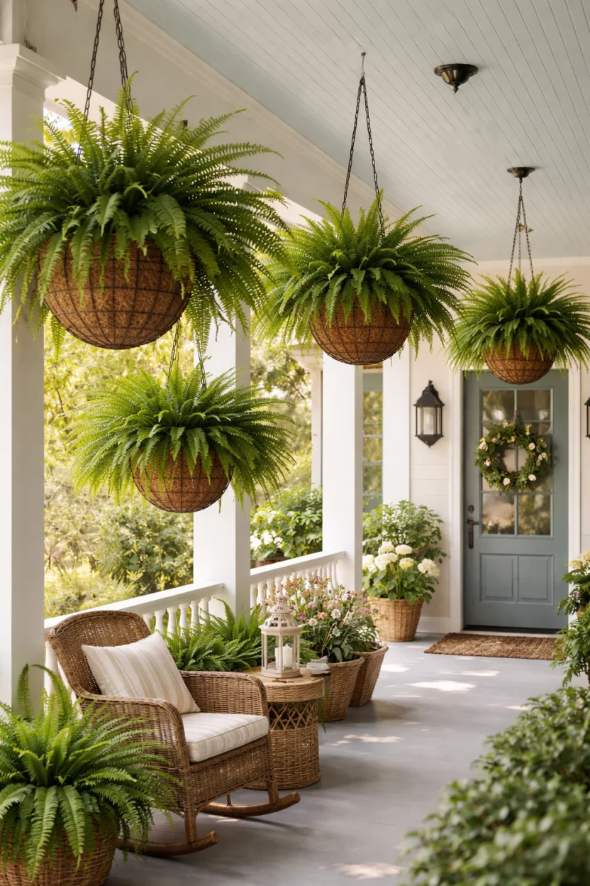 A realistic photo of a summer front porch with several large lush green Boston ferns planted in spherical wire baskets, hanging at different levels from the porch eaves.
