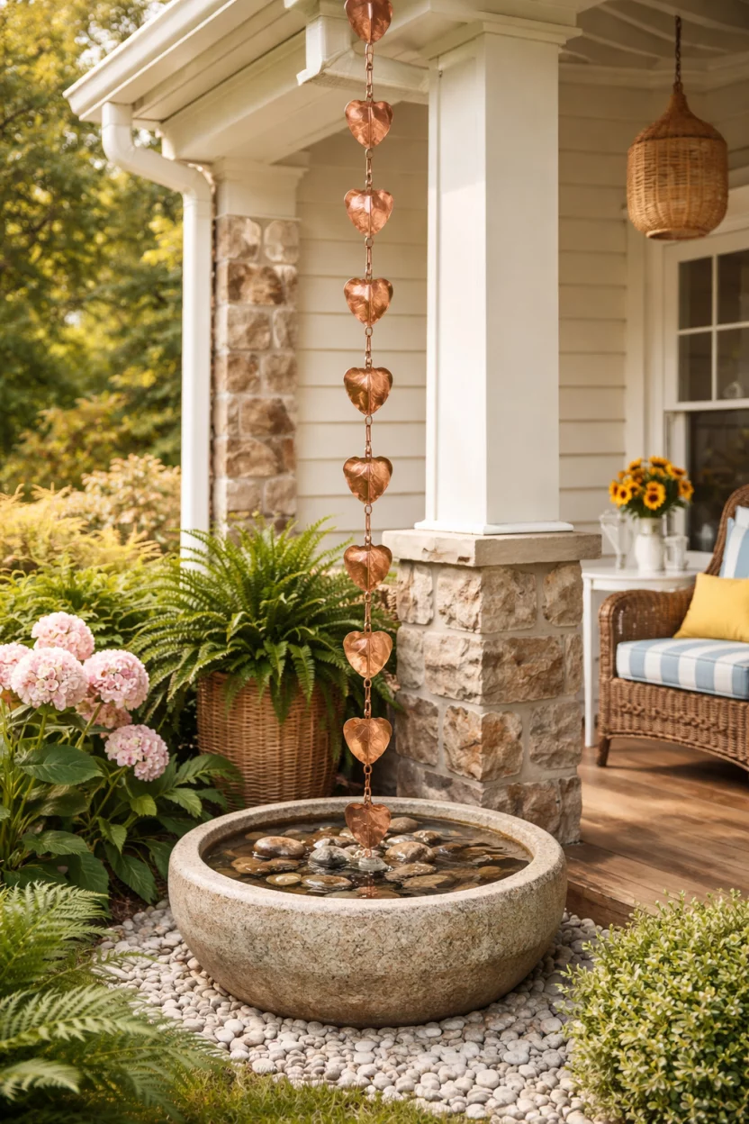 A realistic photo of a summer front porch corner featuring a shiny copper rain chain with flat leaf shapes hanging from the gutter, with a large decorative stone basin at the bottom.