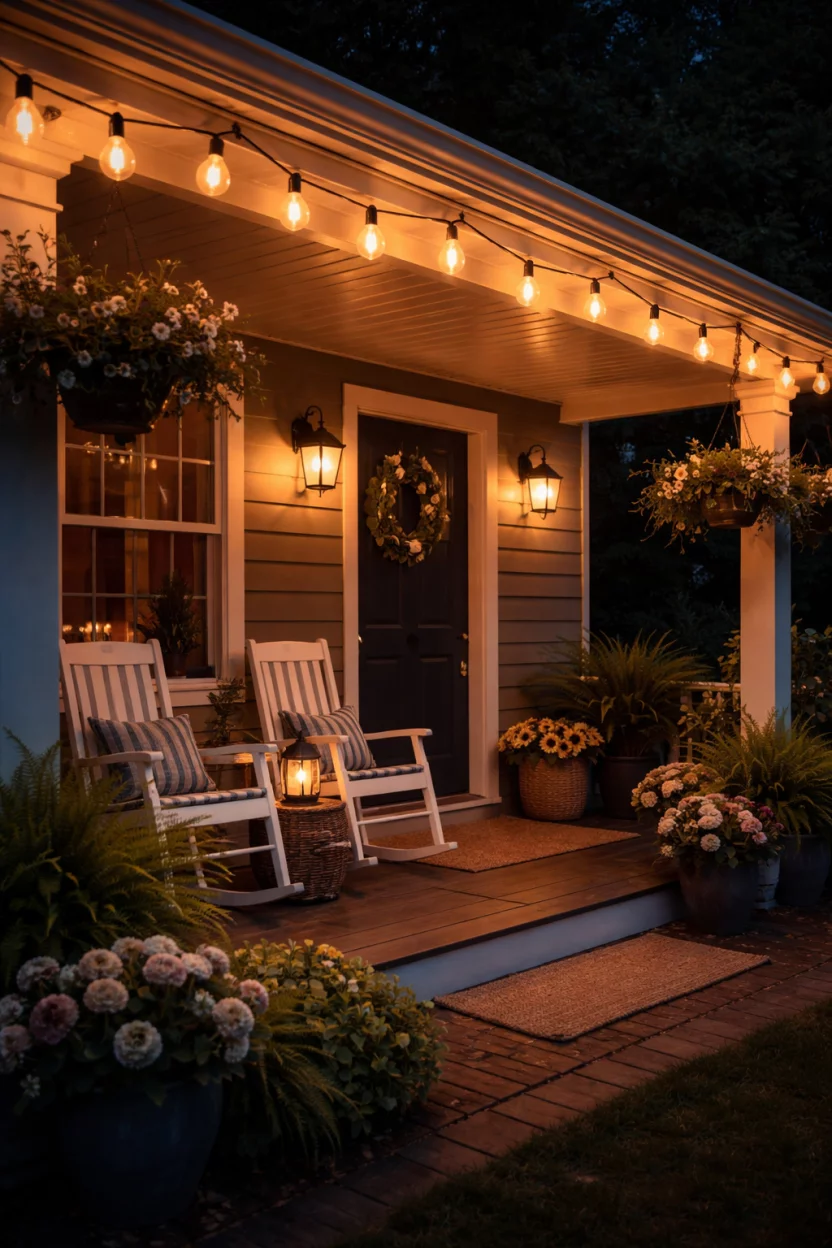 A realistic photo of a summer front porch at night with a string of hanging solar edison bulbs draped along the roof line, glowing with a soft orange amber light.