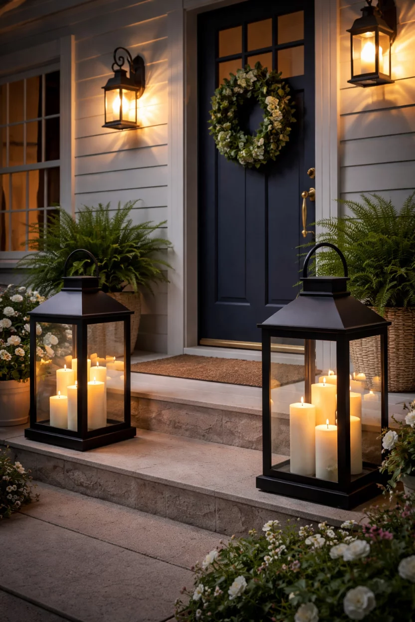 A realistic photo of a summer front porch at night featuring two very large black stainless steel lanterns with glass panes, containing thick white pillar candles, placed on either side of the front door.
