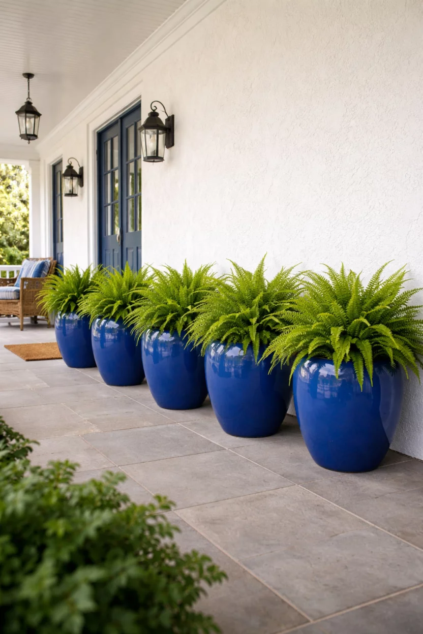 A realistic photo of a summer front porch with a row of five glossy cobalt blue ceramic planters filled with bright green ferns, lined up perfectly against a crisp white stucco wall.