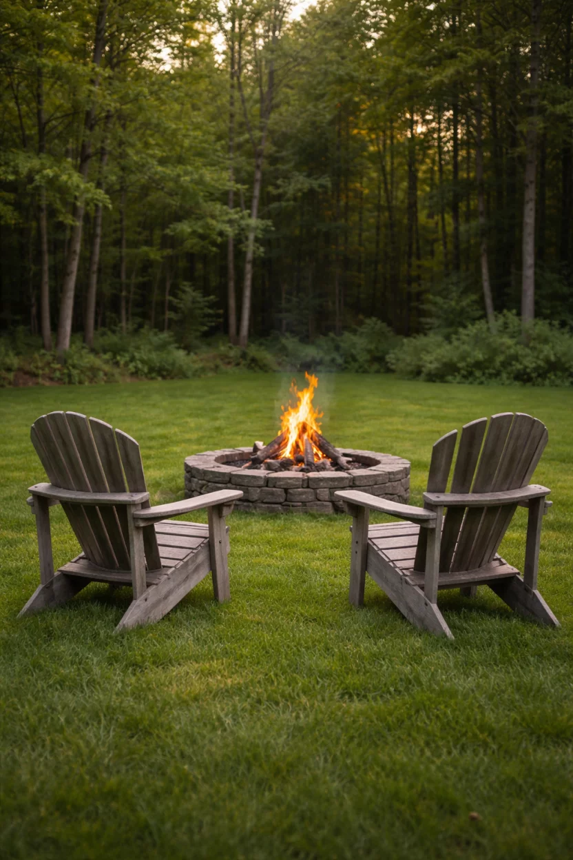 A realistic photo of a lush green lawn with two weathered gray wood adirondack chairs facing a small outdoor fire pit, with a forest in the background.