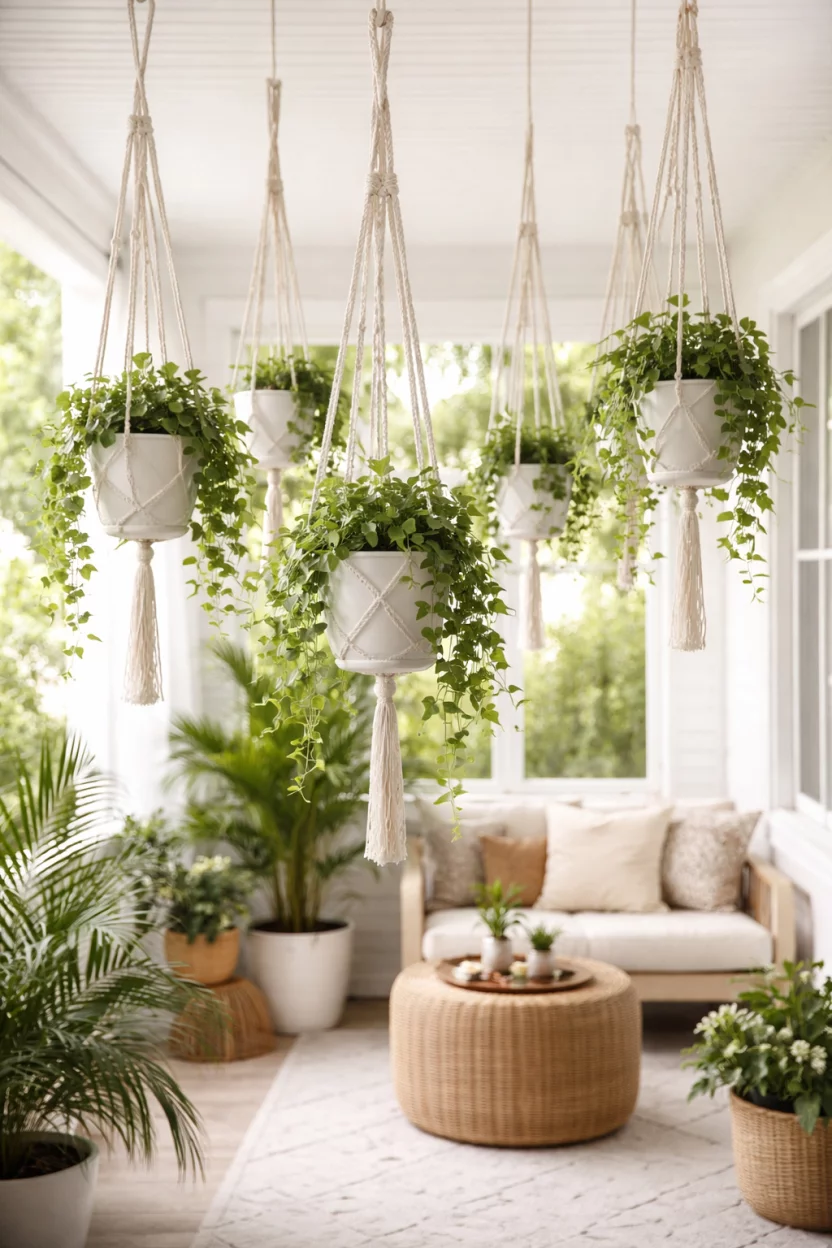 A realistic photo of a bright indoor patio area with several white macrame cotton rope plant hangers suspended from the ceiling at different heights, holding green trailing ivy in simple white ceramic pots.