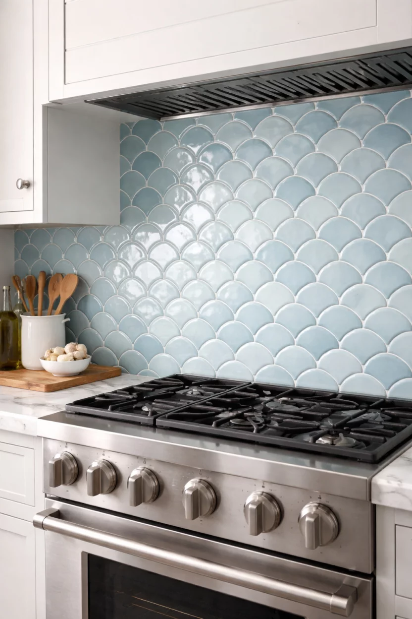 A realistic photo of a kitchen backsplash with light blue ceramic fish scale tiles, sitting behind a stainless steel stove with a white marble countertop next to it.