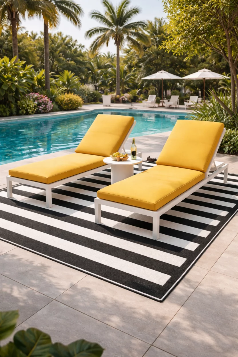 A realistic photo of a poolside lounge area with a large black and white outdoor striped cabana rug underneath two yellow lounge chairs and a small white side table.