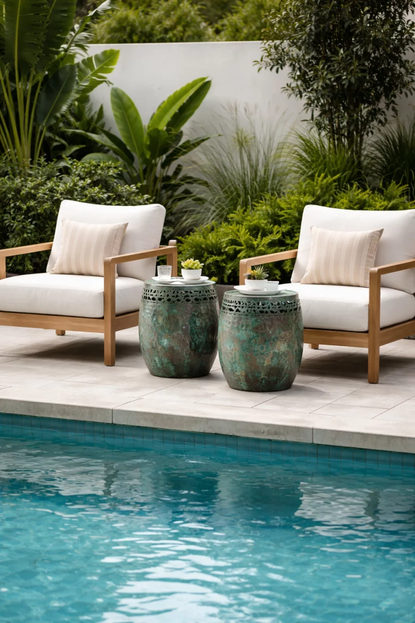 A realistic photo of a contemporary patio featuring a pair of verdigris copper garden stools used as side tables between two modern white outdoor chairs next to a turquoise swimming pool.