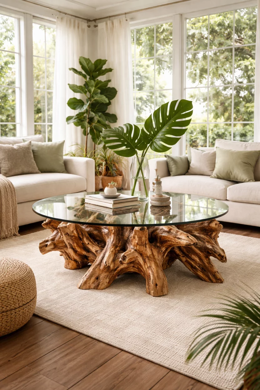A realistic photo of a sunroom featuring a recycled teak root coffee table with a glass top, sitting on a cream colored rug with a large green palm leaf in a vase on top.