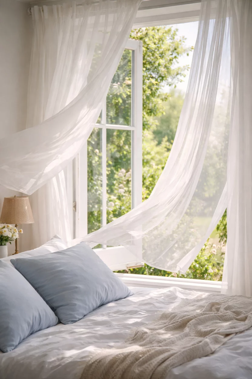A realistic photo of a bedroom window with white ethereal linen sheer curtains blowing gently in a summer breeze, revealing a glimpse of a green garden outside, while soft light spills onto a bed with light blue pillows.