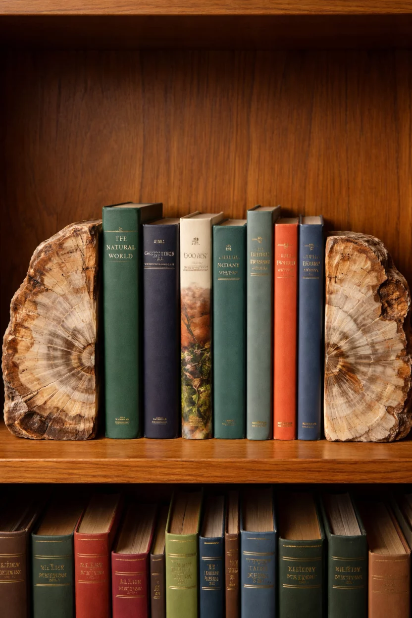A realistic photo of a wooden bookshelf with two heavy fossilized wood bookends in shades of cream and brown, holding up a row of colorful hardcover books.