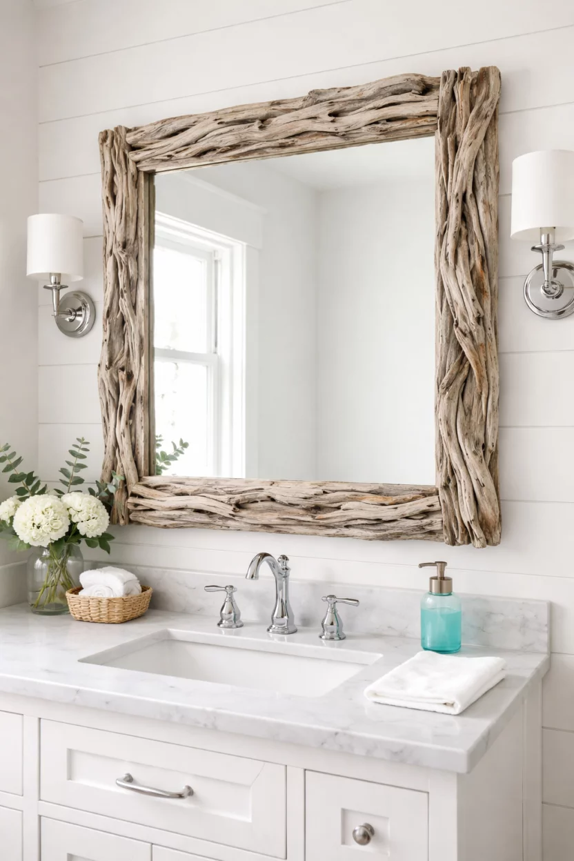 A realistic photo of a bathroom vanity with a large driftwood framed wall mirror, sitting above a white sink with chrome fixtures and a small turquoise soap dispenser.