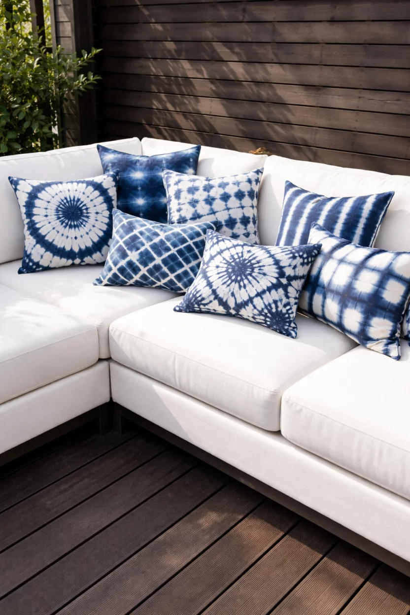 A realistic photo of a white outdoor sectional sofa adorned with several indigo shibori patterned throw pillows in various geometric tie-dye designs, set against a dark wood deck background.