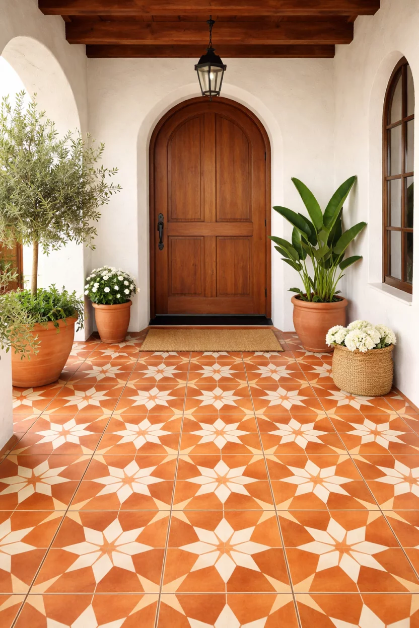 A realistic photo of an outdoor entryway featuring warm orange terracotta geometric floor tiles in a star pattern, surrounded by white stucco walls and a large wooden front door.