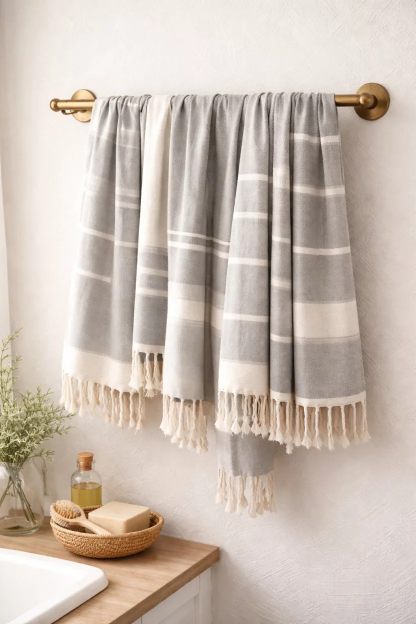 A realistic photo of a bathroom towel rack with several hand woven Turkish beach towels in light gray and white stripes, featuring delicate white fringe at the bottom.
