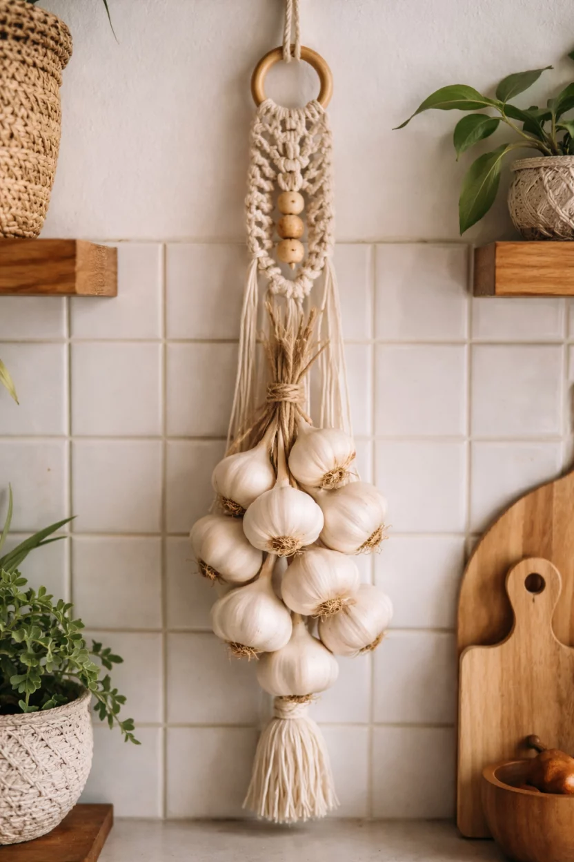 A realistic photo of a decorative macrame and wood bead hanger holding a bunch of fresh white garlic, hanging against a backsplash in a boho style kitchen.