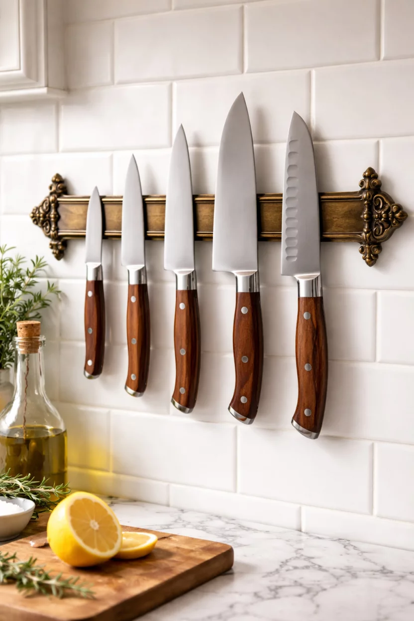 A realistic photo of an antique brass magnetic knife strip mounted on a white kitchen backsplash, holding several high quality stainless steel knives with wooden handles.