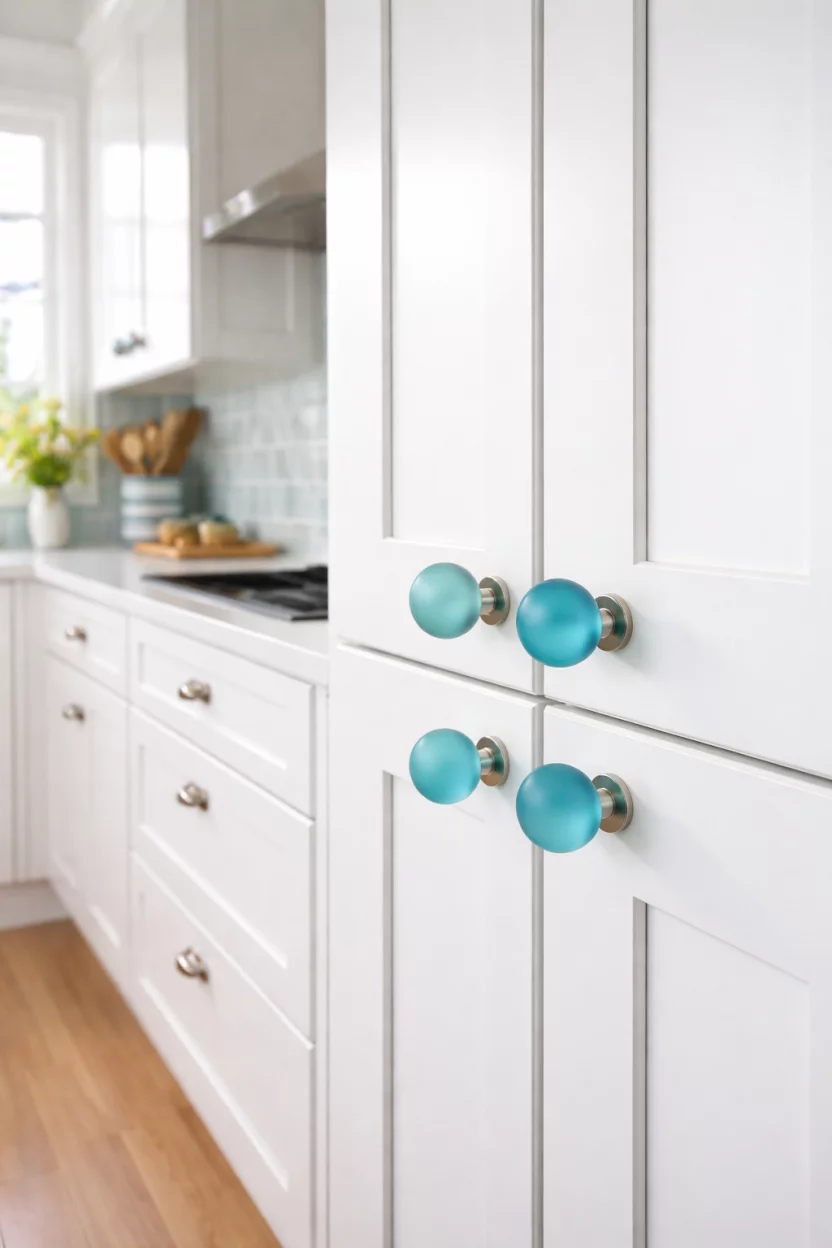 A realistic photo of white shaker kitchen cabinets adorned with frosted sea glass knobs in shades of teal and ocean blue, reflecting the bright morning light in a clean and airy modern coastal kitchen setting.
