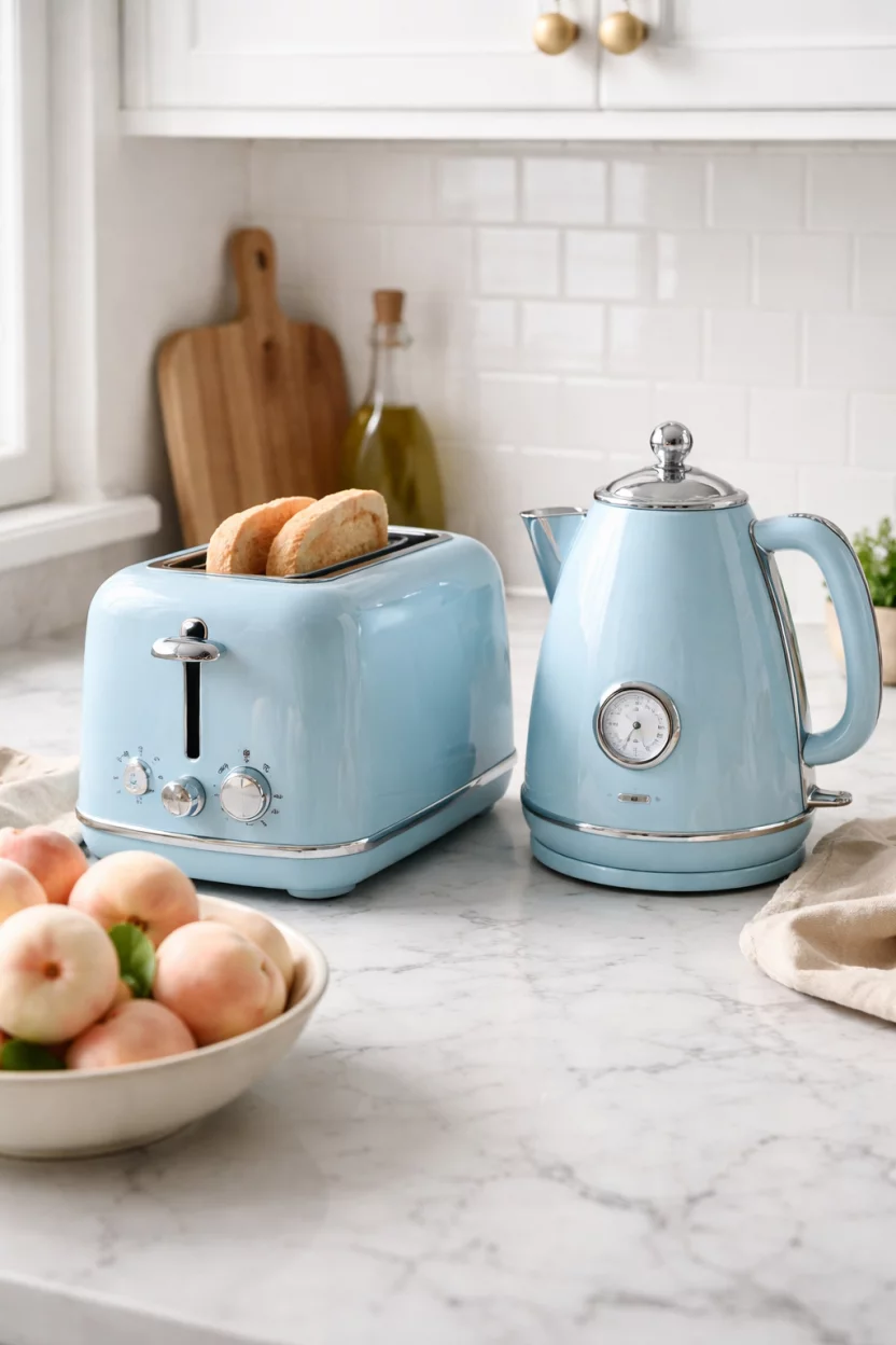 A realistic photo of a kitchen counter holding a retro style pastel blue toaster and a matching blue electric kettle, positioned next to a bowl of fresh white peaches on a white marble countertop.