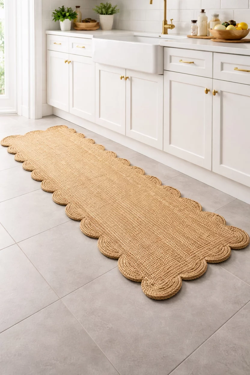 A realistic photo of a long jute kitchen runner with a unique scalloped edge detail, laying on a light grey tiled floor in front of a white kitchen sink cabinet.