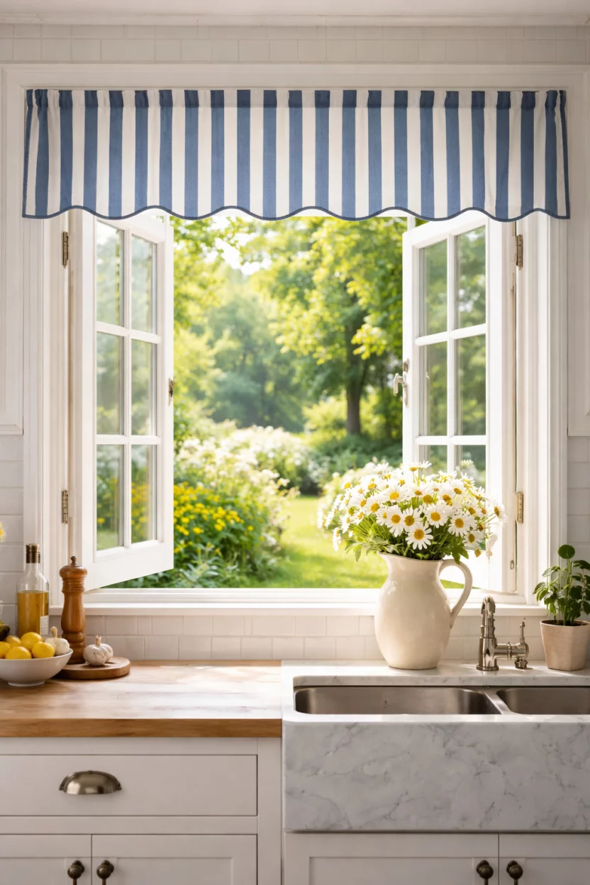 A realistic photo of a kitchen window featuring a blue and white striped canvas valance, with the window open to show a lush green garden outside and a ceramic vase of daisies on the sill.