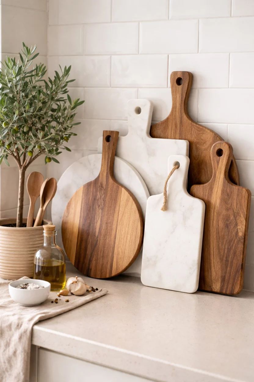 A realistic photo of a kitchen counter with a collection of leaning white marble and acacia wood serving boards of different shapes, next to a small olive tree in a clay pot.