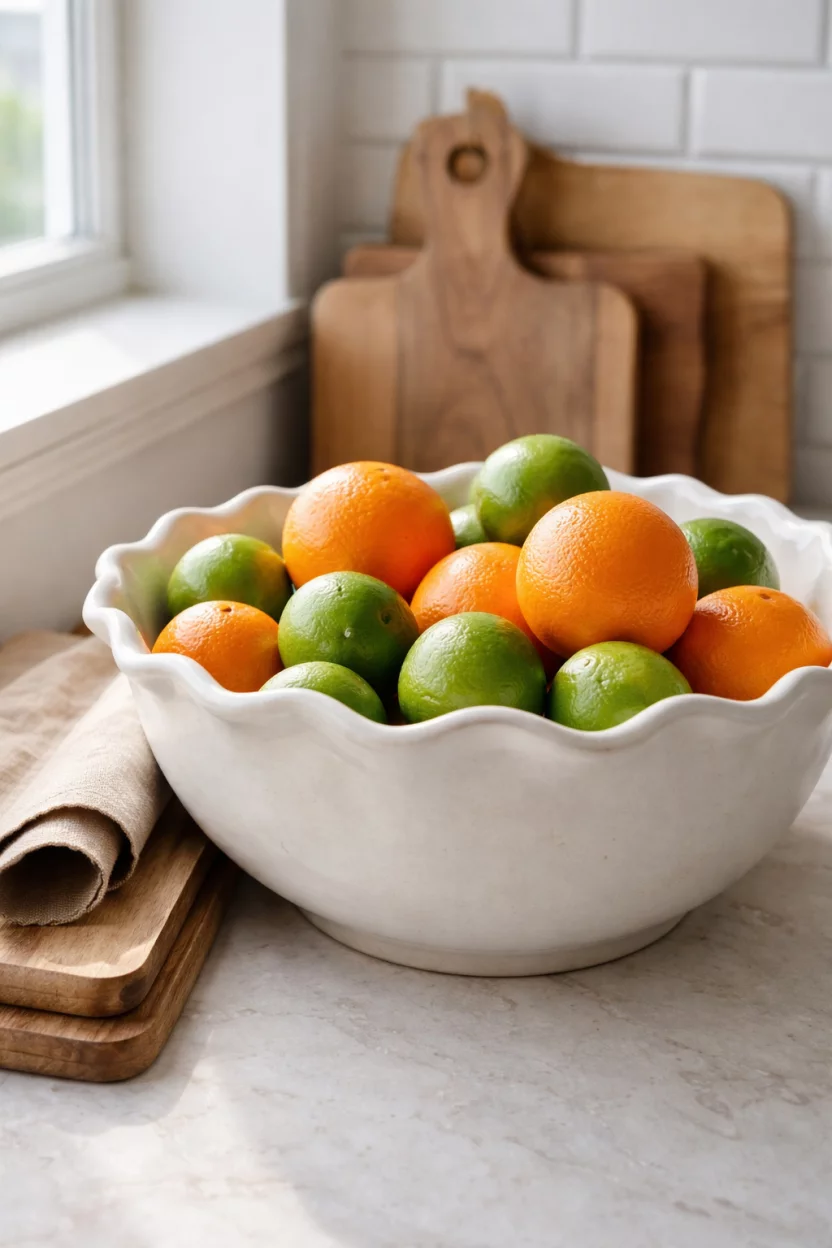 A realistic photo of a large handcrafted white ceramic bowl with a wavy rim, sitting on a kitchen counter and filled with bright oranges and limes, next to a stack of wooden cutting boards.