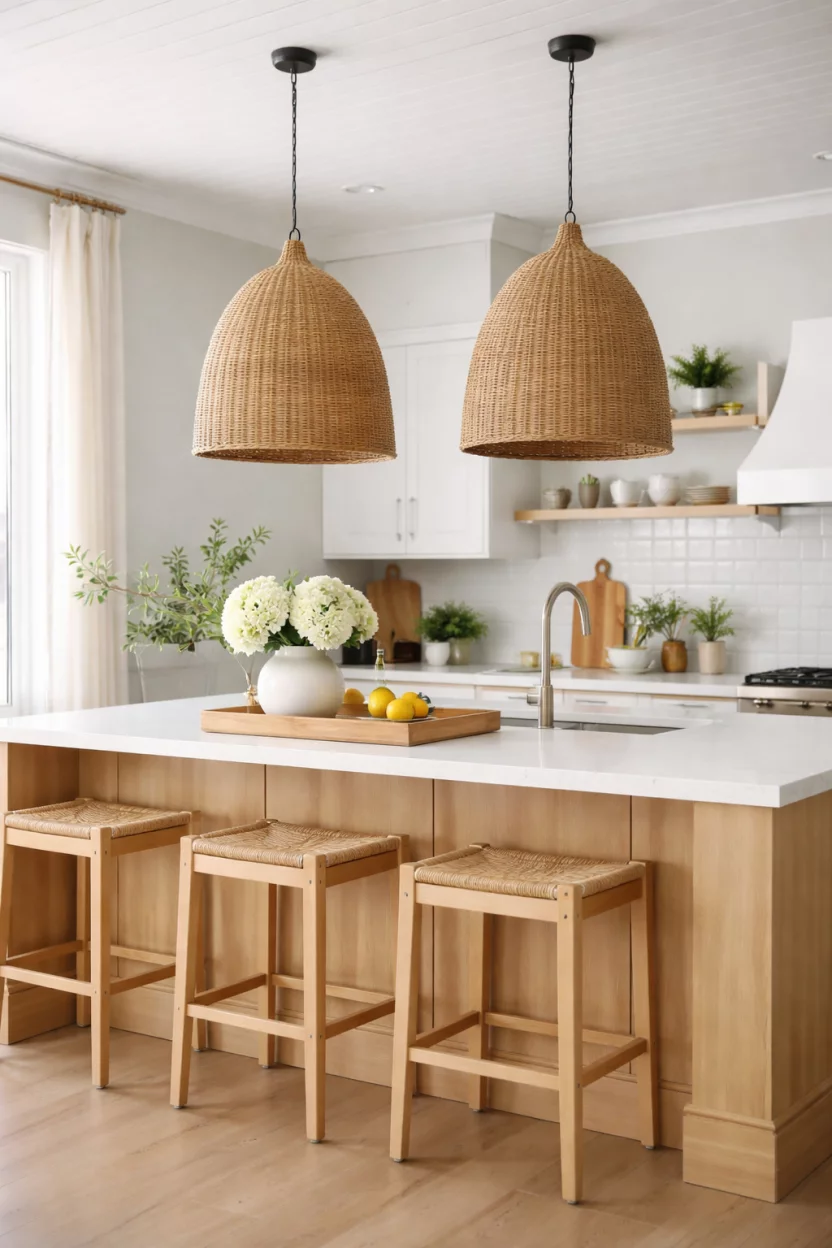 A realistic photo of a kitchen island illuminated by two large bell shaped woven seagrass pendant lights, hanging from the ceiling against a backdrop of light grey walls and natural wood accents in a breezy summer home.