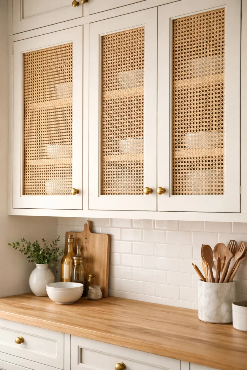 A realistic photo of kitchen cabinet doors featuring natural woven cane webbing inserts, showing a glimpse of white plates inside, in a kitchen with brass accents and light wood countertops.
