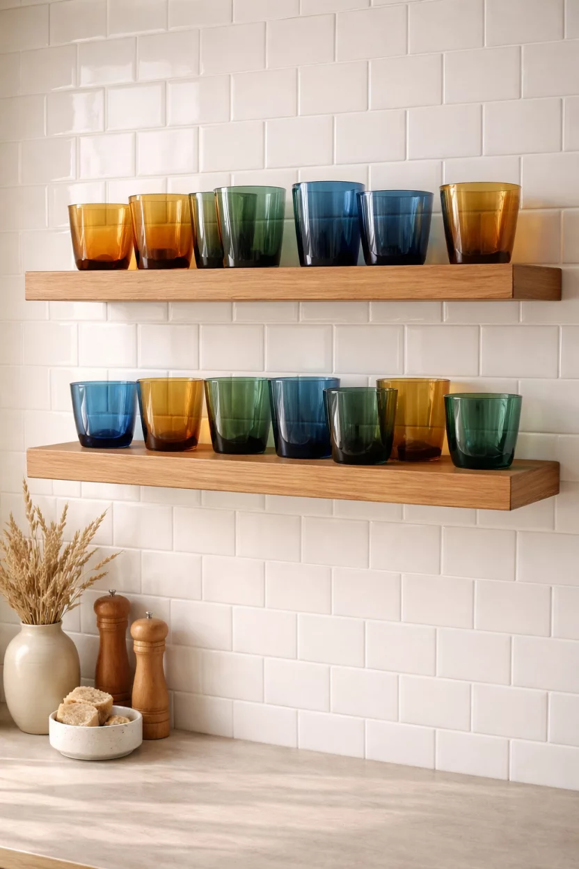 A realistic photo of floating wooden kitchen shelves holding a collection of mismatched colorful tinted glass tumblers in amber, emerald, and sapphire blue, arranged neatly against a white tiled backsplash.
