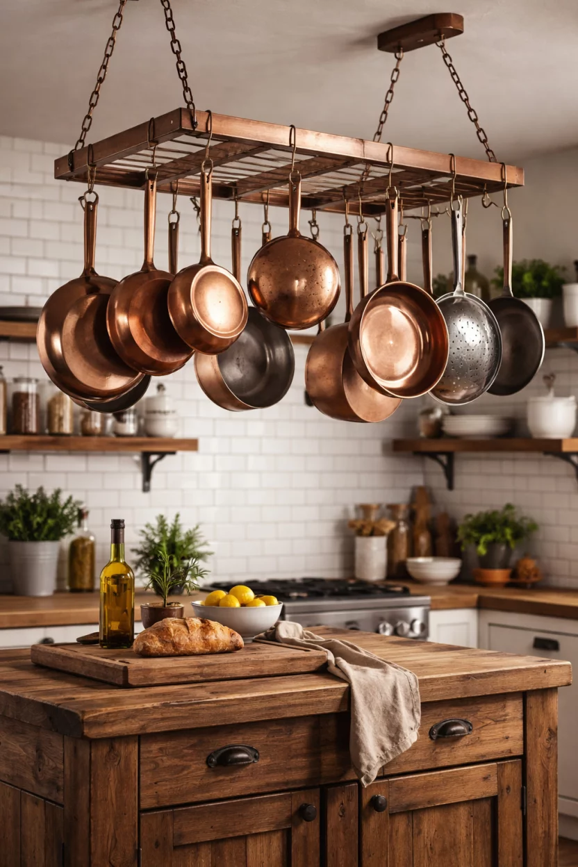 A realistic photo of a ceiling mounted copper pot rack with various copper pans and pots hanging from it, positioned above a rustic wooden kitchen island against a backdrop of white subway tiles.