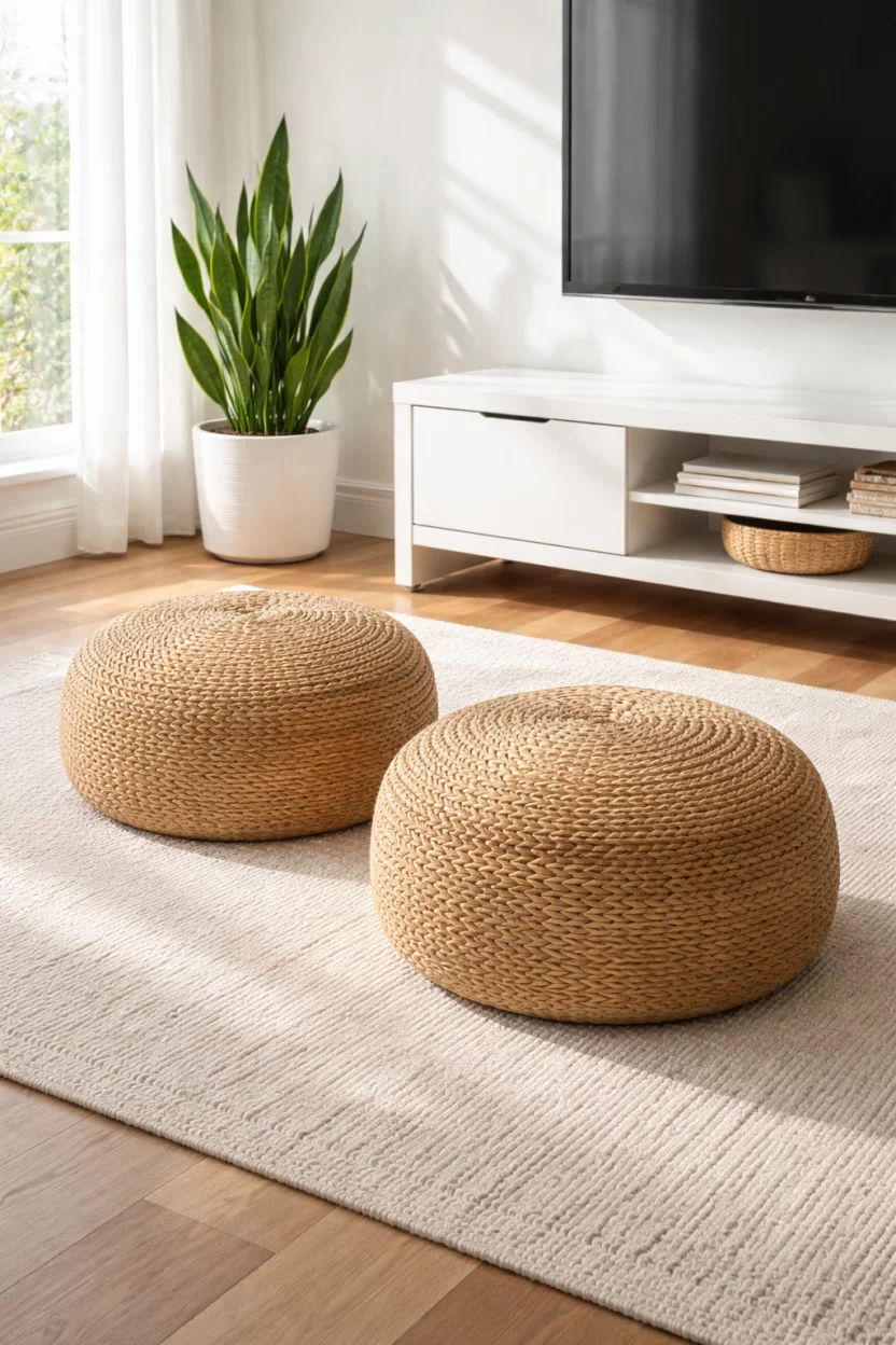 A realistic photo of a living room floor with two round natural brown jute poufs sitting near a low white media console, with a green snake plant in a white pot nearby and light streaming through windows.
