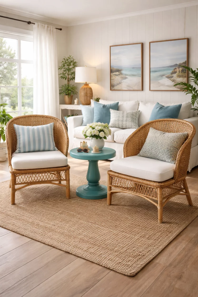 A realistic photo of a coastal style living room with two natural beige rattan side chairs with white seat cushions, a small round teal side table, and a jute rug on the floor under the chairs.