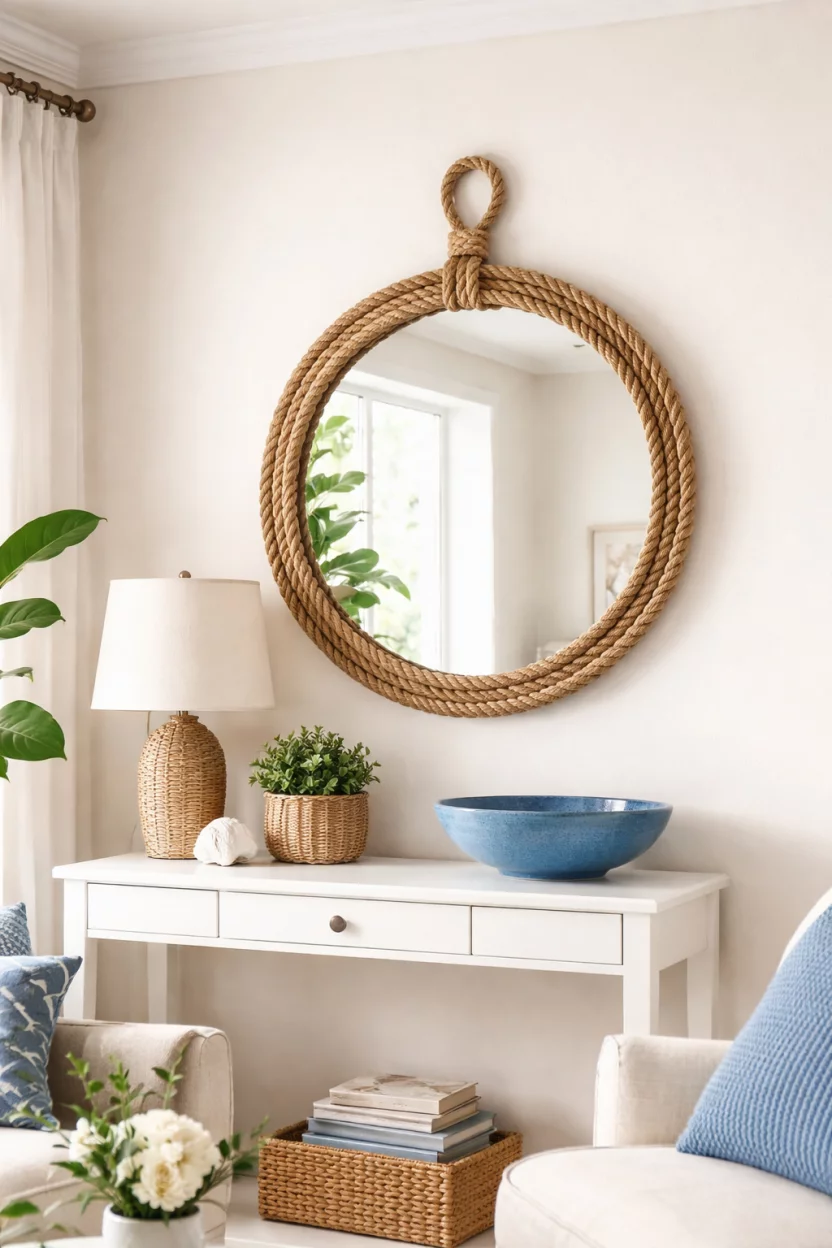 A realistic photo of a living room corner with a round wall mirror framed in thick natural manila rope, hanging above a small white table with a blue ceramic bowl.