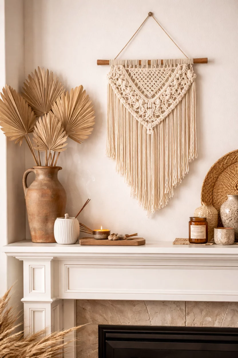 A realistic photo of a boho living room mantel featuring a cream cotton macrame wall hanging, several dried fan palm leaves in a tall clay jug, and aromatic sandalwood incense.