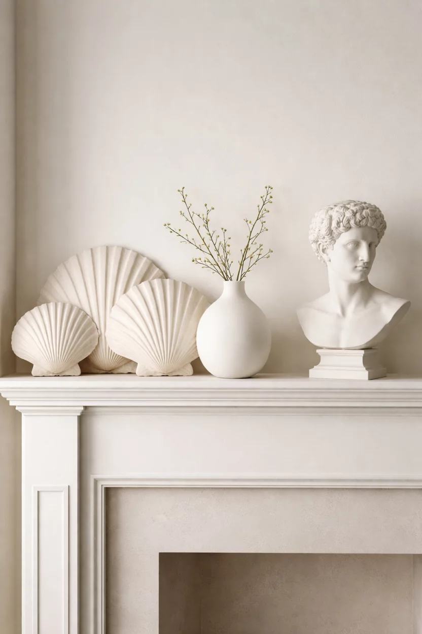 A realistic photo of a minimalist living room mantel showing a collection of large white scallop shells, a matte white ceramic vase with smooth curves, and a clean white plaster bust.
