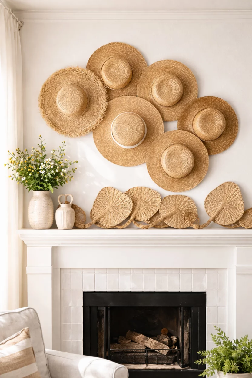 A realistic photo of a sunny living room mantel featuring a collection of tan straw sun hats overlapping on the wall, and several hand-woven palm leaf fans resting on the ledge.