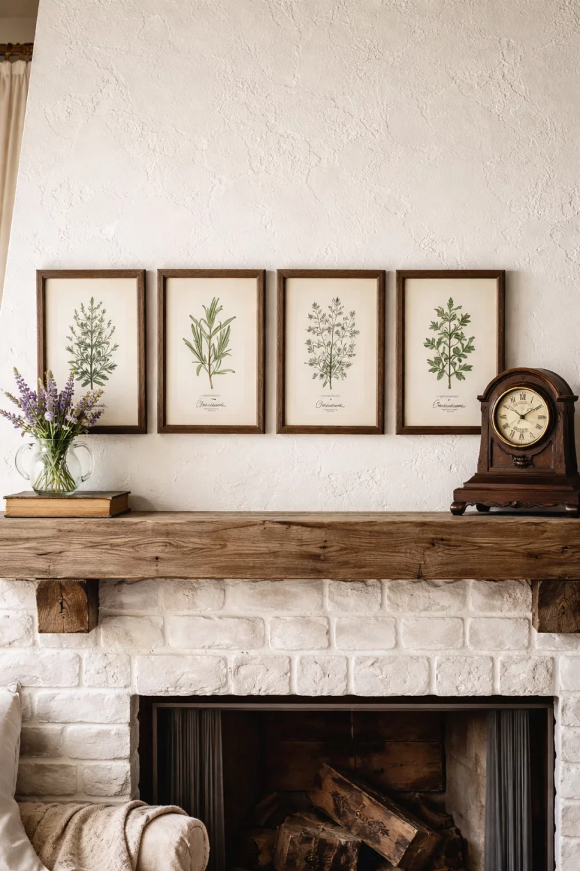 A realistic photo of a farmhouse living room mantel displaying framed vintage botanical illustrations of herbs, a small clear glass pitcher holding purple wildflowers, and an antique wooden clock.
