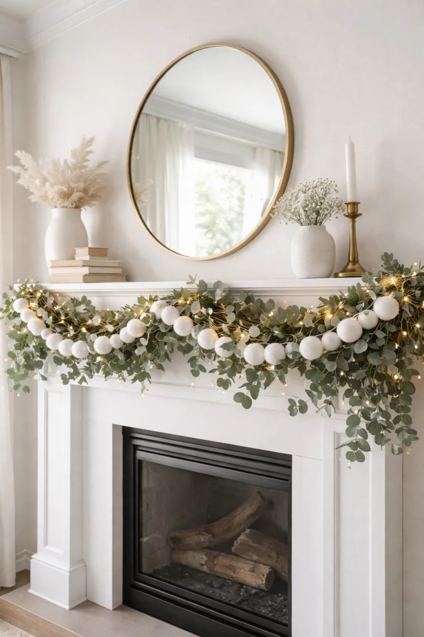 A realistic photo of a light living room mantel draped with a soft white cotton ball garland and layered with fresh green eucalyptus branches and small white fairy lights.