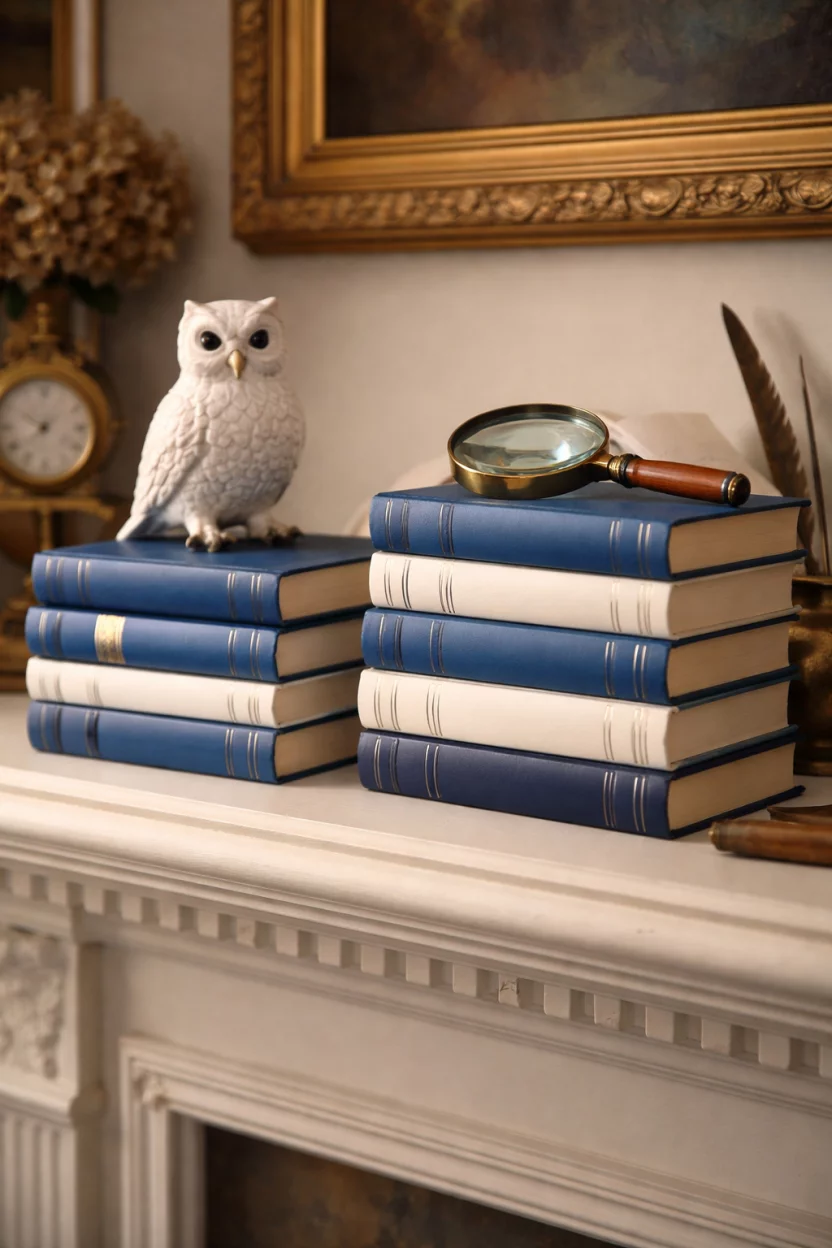 A realistic photo of a scholarly mantel featuring stacks of hardback books with blue and white spines, topped with a small white ceramic owl and a magnifying glass.