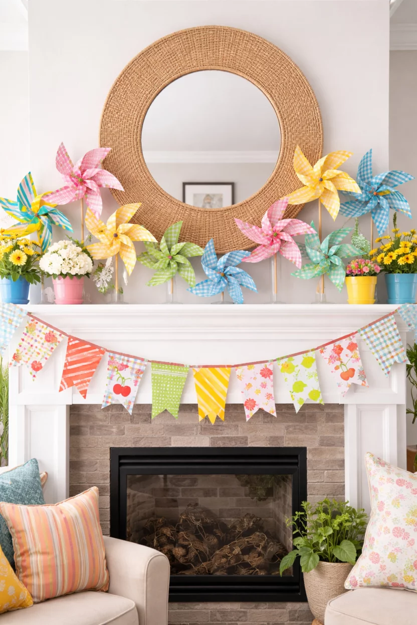 A realistic photo of a family living room mantel decorated with multicolored paper pinwheels and a fabric bunting banner with summer patterns like cherries and stripes.