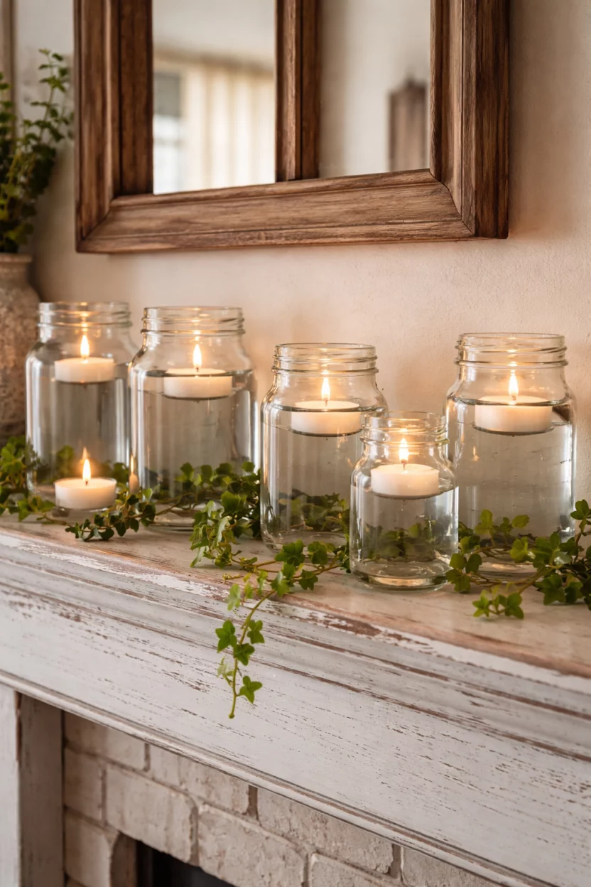 A realistic photo of a farmhouse mantel featuring five clear mason jars of different sizes filled with water and white floating tealight candles, with small green ivy vines between them.