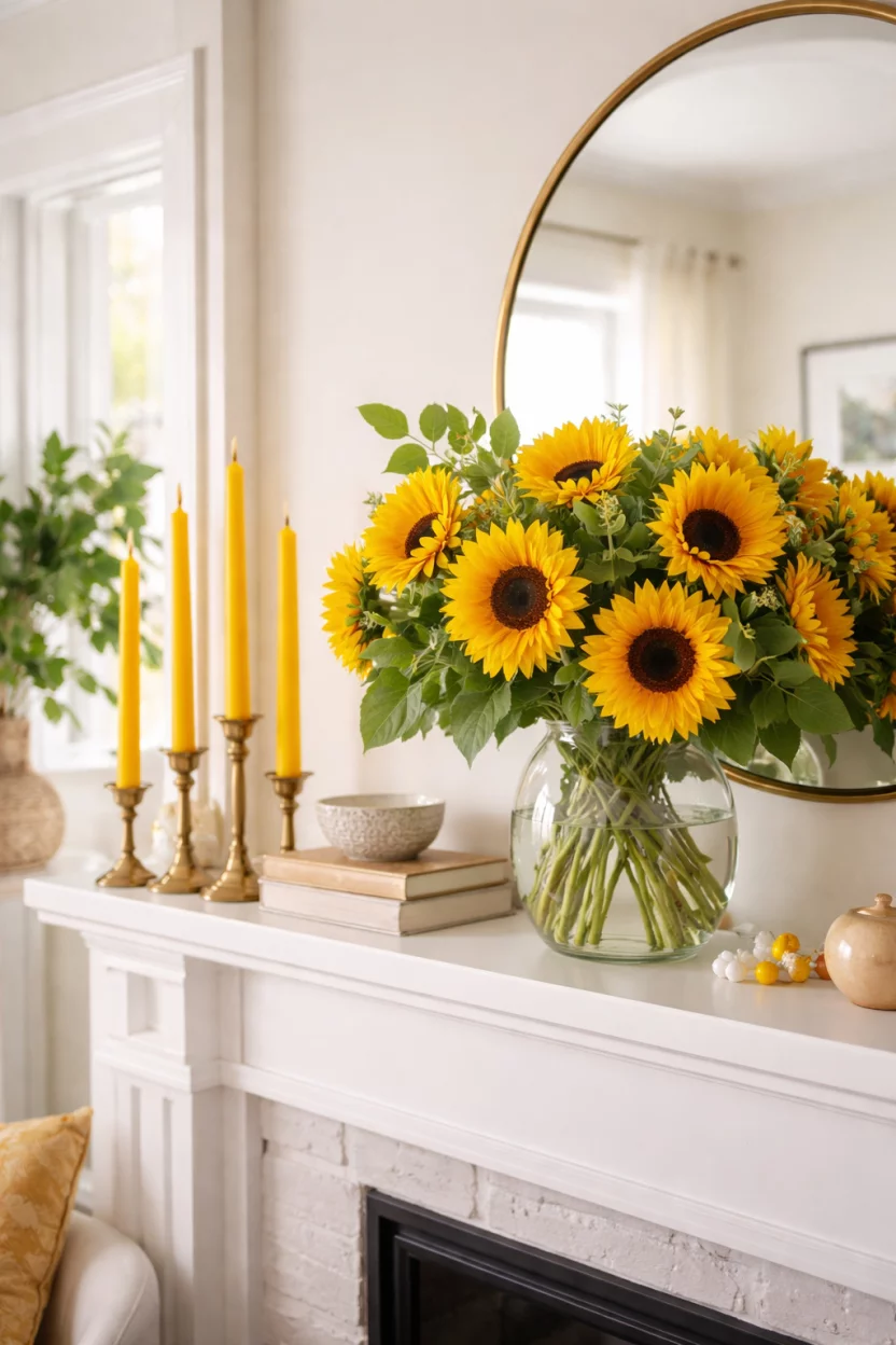 A realistic photo of a cheerful living room mantel with a cluster of bright yellow taper candles in brass holders and a glass vase overflowing with huge yellow sunflowers and green leaves.
