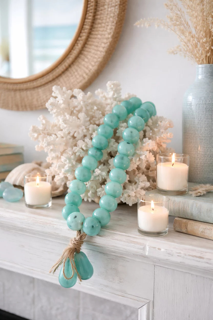 A realistic photo of a coastal mantel with a strand of chunky turquoise glass beads draped over a large white coral branch, and a few small white votive candles.