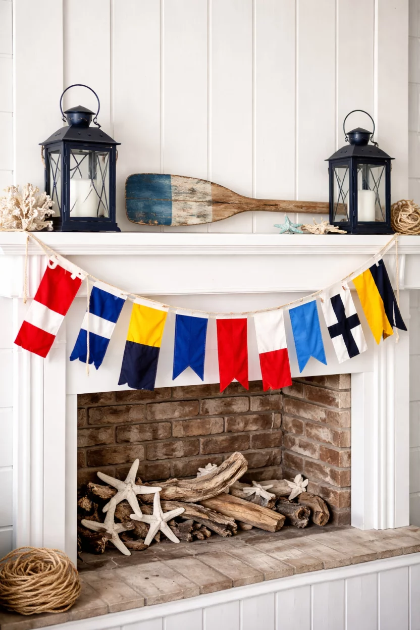 A realistic photo of a coastal cottage mantel draped with colorful cloth nautical signal flags, a pair of navy blue metal lanterns with white pillar candles, and a weathered rowing oar.