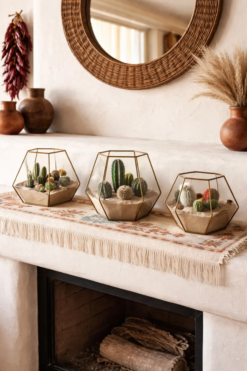 A realistic photo of a southwest style living room mantel with three glass geometric terrariums filled with sand and small cacti, and an embroidered light beige runner.