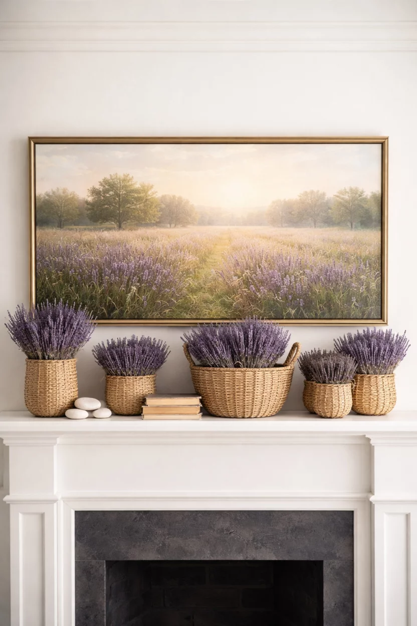 A realistic photo of a serene mantel with several woven seagrass baskets holding bundles of dried purple lavender, and a large horizontal landscape painting of a field.