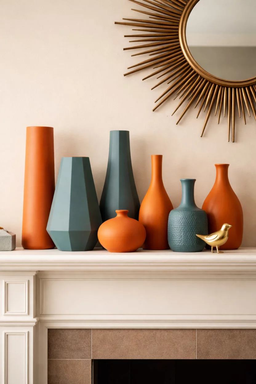 A realistic photo of a retro mantel with a collection of matte orange and teal ceramic vases in varying geometric shapes, and a small gold bird figurine.