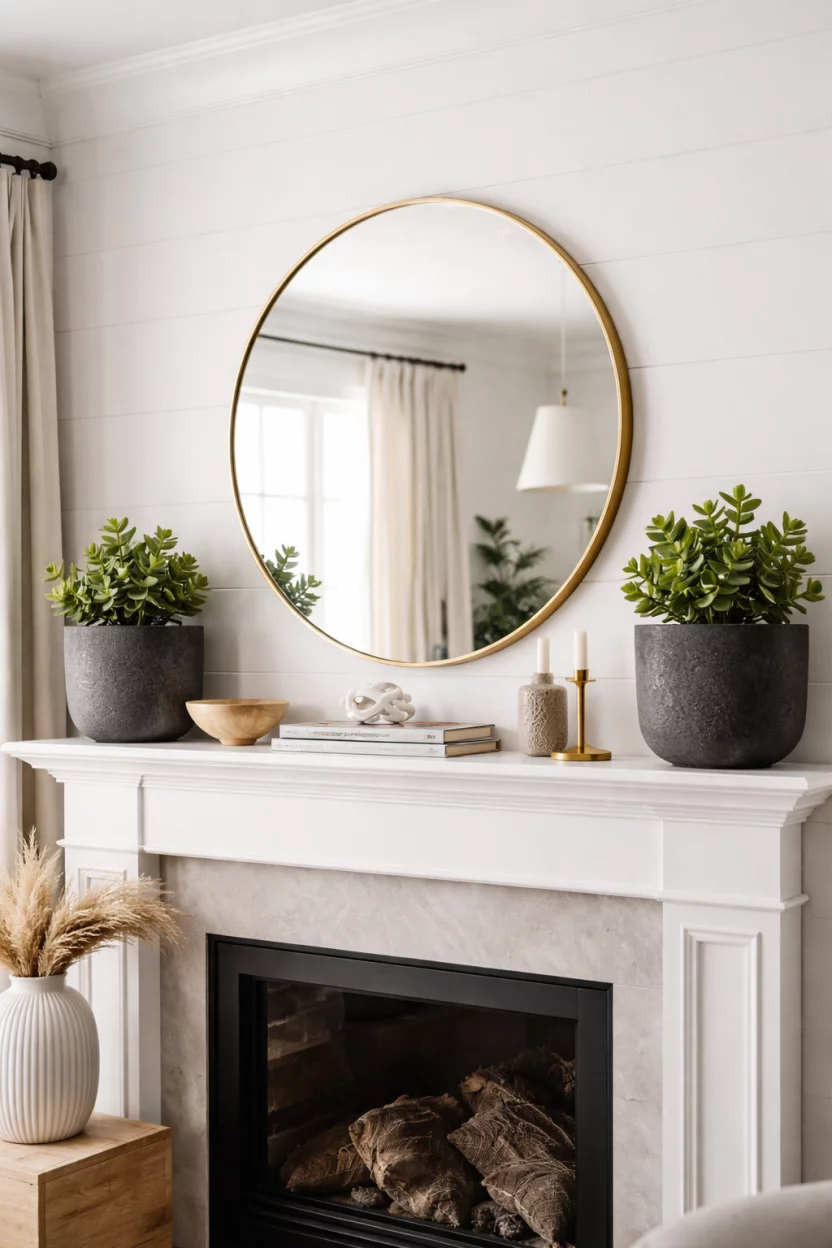 A realistic photo of a contemporary living room mantel with a large round gold mirror in the center and matching dark gray concrete pots holding green jade succulents on either side.