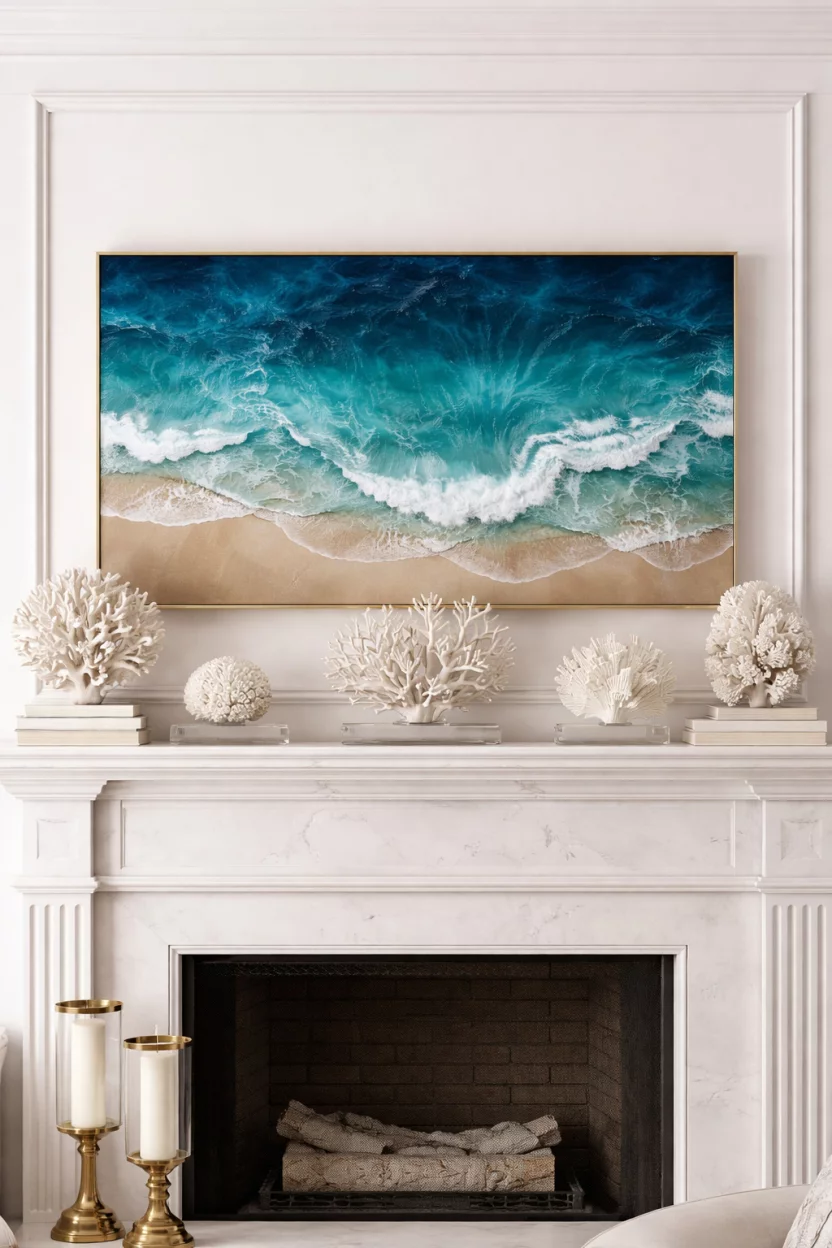 A realistic photo of a luxury living room mantel displaying a large rectangular blue resin ocean pour art piece and several white faux coral resin sculptures.